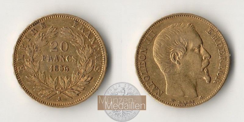 Frankreich MM-Frankfurt Feingold: 5,81g 20 Francs 1856 A 