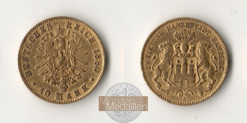 Deutsches Kaiserreich - Hamburg MM-Frankfurt Feingold: 3,58g 10 Mark 1880 J 