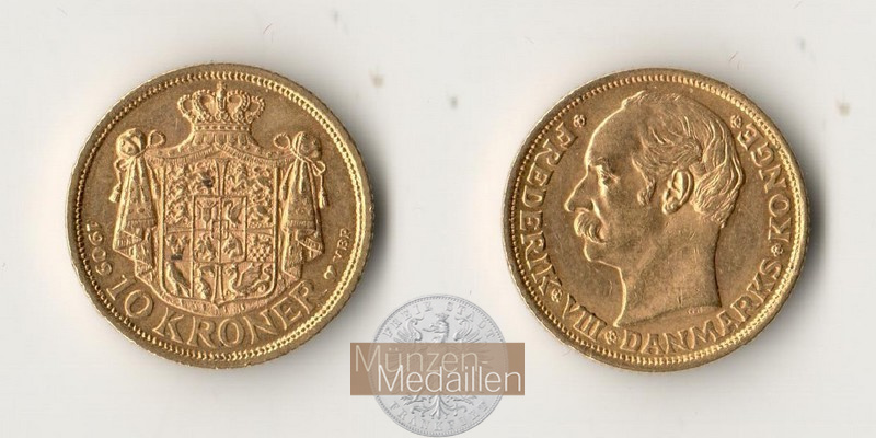 Dänemark, Frederik VIII. (1906-1912) MM-Frankfurt Feingold: 4,03g 10 Kroner 1909 VBP 