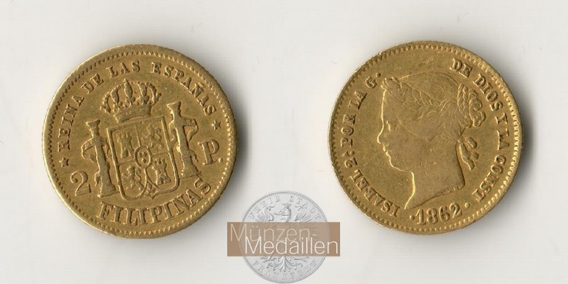 Philippinen  2 Peso MM-Frankfurt Feingold: 2,9g Isabella II. 1862 