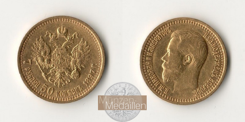 Russland  7,5 Rubel MM-Frankfurt Feingold: 5,81g Zar Nikolaus II. 1894-1917 1897 