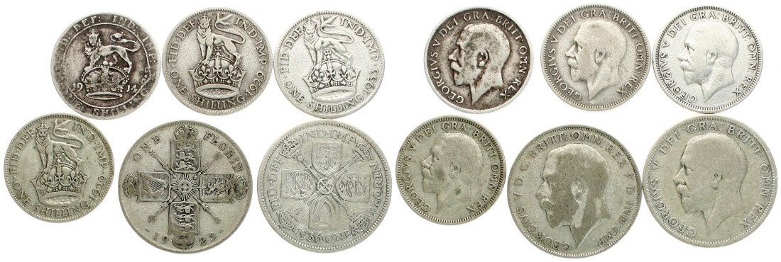  Großbritannien, Georg V., Lot von 5 Silbermünzen ab 1914, 45,18 gr. Brutto, 24,99 gr. Feinsilber   