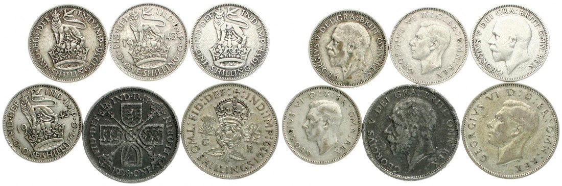  Großbritannien, Georg V.&VI.: Lot von 6 Silbermünzen ab 1928, 45,26 gr. Brutto, 22,58 gr. Feinsilber   