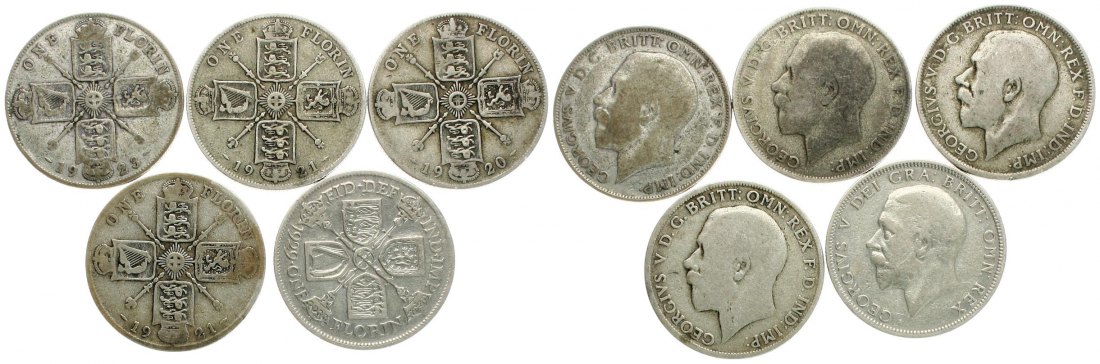  Großbritannien, Georg V., Lot von 5 Silbermünzen ab 1914, 55,1 gr. Brutto, 27,5 gr. Feinsilber   