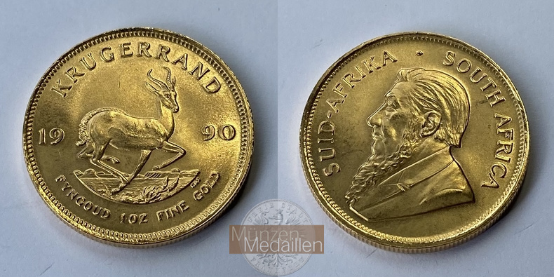 Süd Afrika MM-Frankfurt Feingewicht: 31,1g Gold 1oz Krügerrand 1990 vz