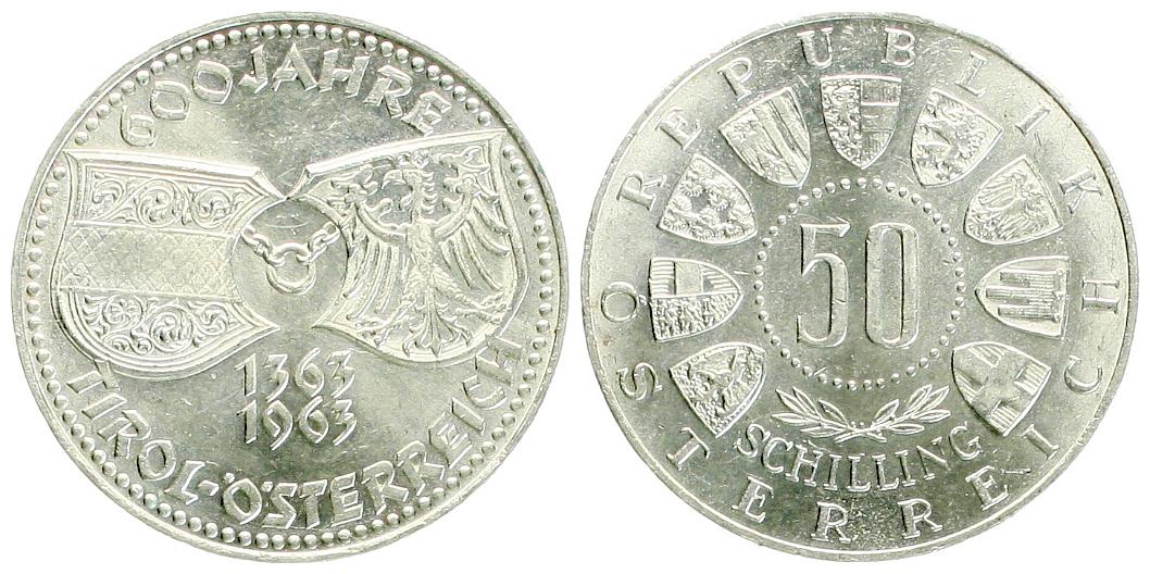  Österreich: 50 Schilling 1963, Tirol, 20 gr. 900er Silber (18 gr. fein), Top-Erhaltung!   
