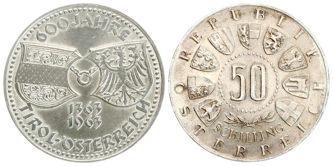  Österreich: 50 Schilling 1963, Tirol, 20 gr. 900er Silber (18 gr. fein), Erhaltung!   