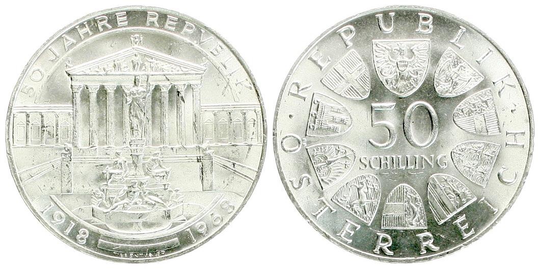  Österreich: 50 Schilling 1968, 50 Jahre Republik, 20 gr. 900er Silber (18 gr. fein), Top-Erhaltung!   