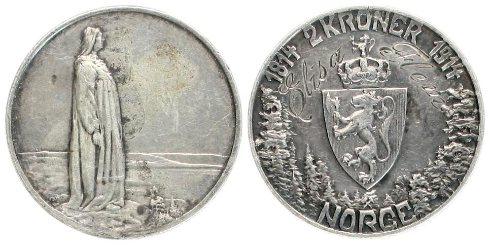  Norwegen: Håkon VII., 2 Kroner 1914. zum 100 jährigen jubil. der Verfassung, Silber, Info unten!   
