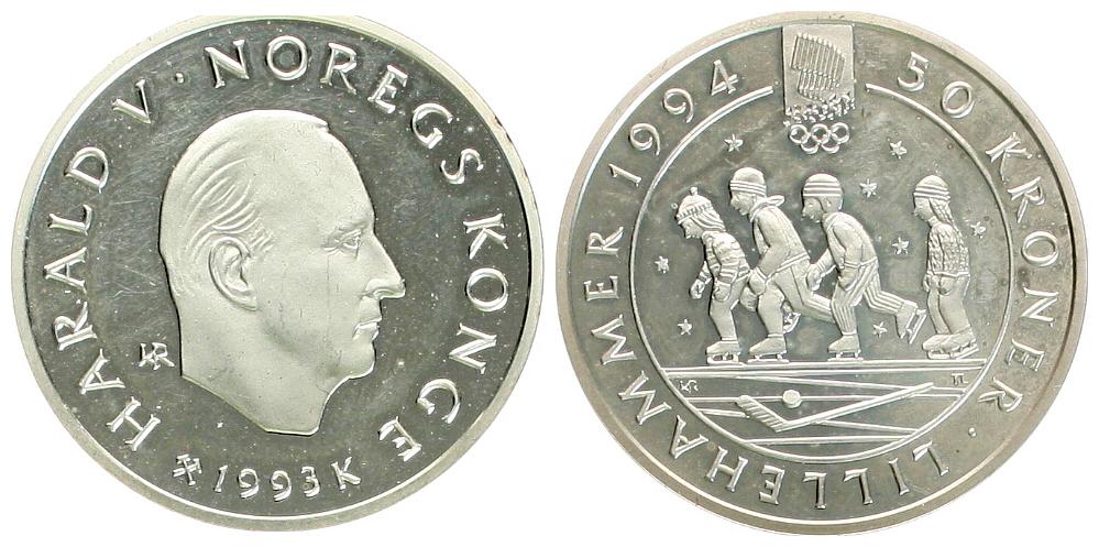  Norwegen: Harald V., 50 Kronen OL-Lillehammer 1994, 1/2 Unze Feinsilber!   