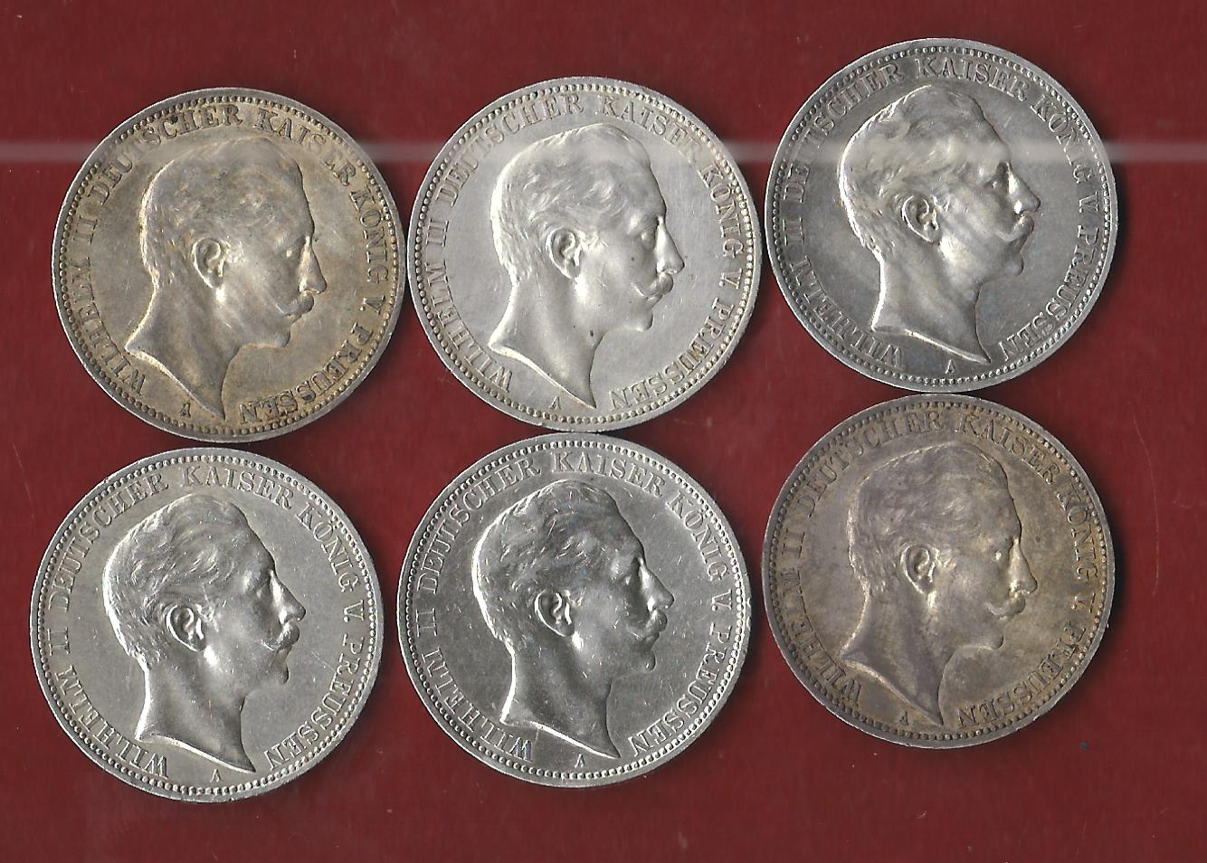  Kaiserreich Preussen 6x3 Mark Wilhelm II Münzankauf Koblenz Frank Maurer AK245   