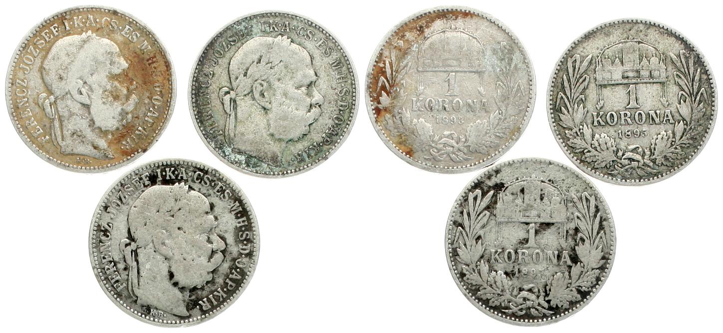  Österreich, Franz-Josef: Lot mit 3 x 1 Krone ab 1893, 2 x 5 gr. brutto, 12,5 gr. fein!   