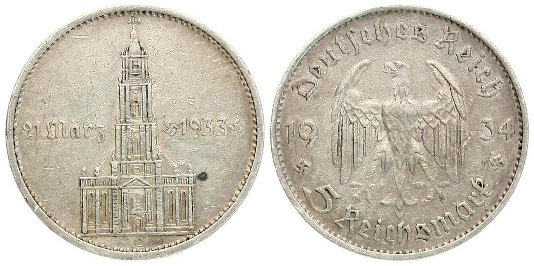  Deutschland, III. Reich: 5 Mark 1934 E, Kirche MIT Datum, 13,88 gr. 900er Silber   