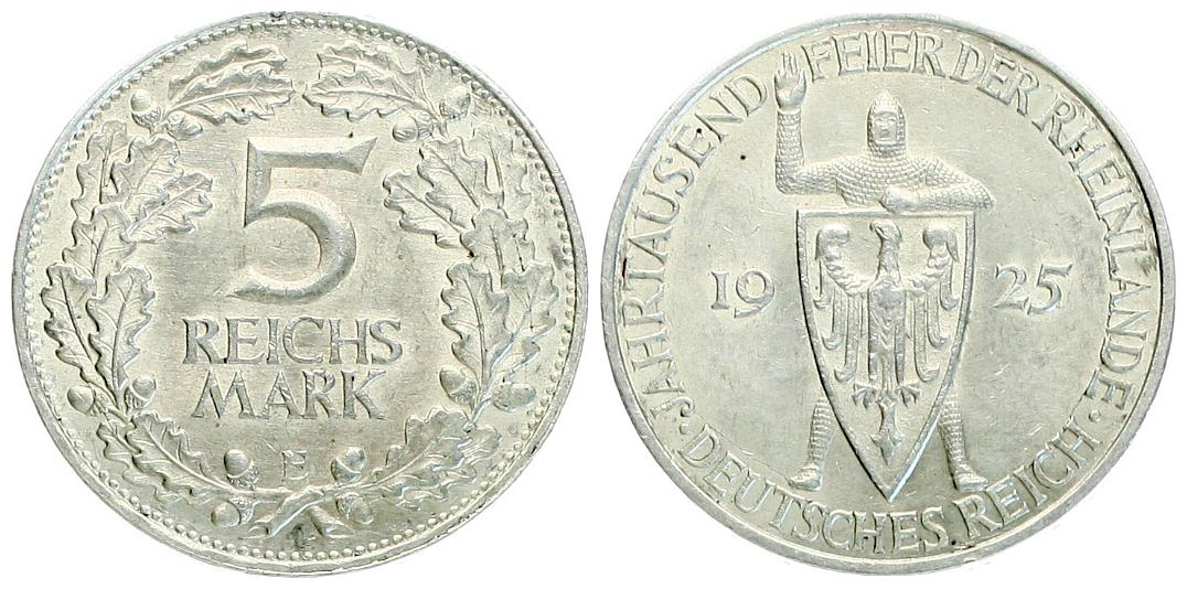  Weimarer Republik: 5 Reichsmark 1925 E, Rheinlandfeier, Silber, TOP-ERHALTUNG!!   