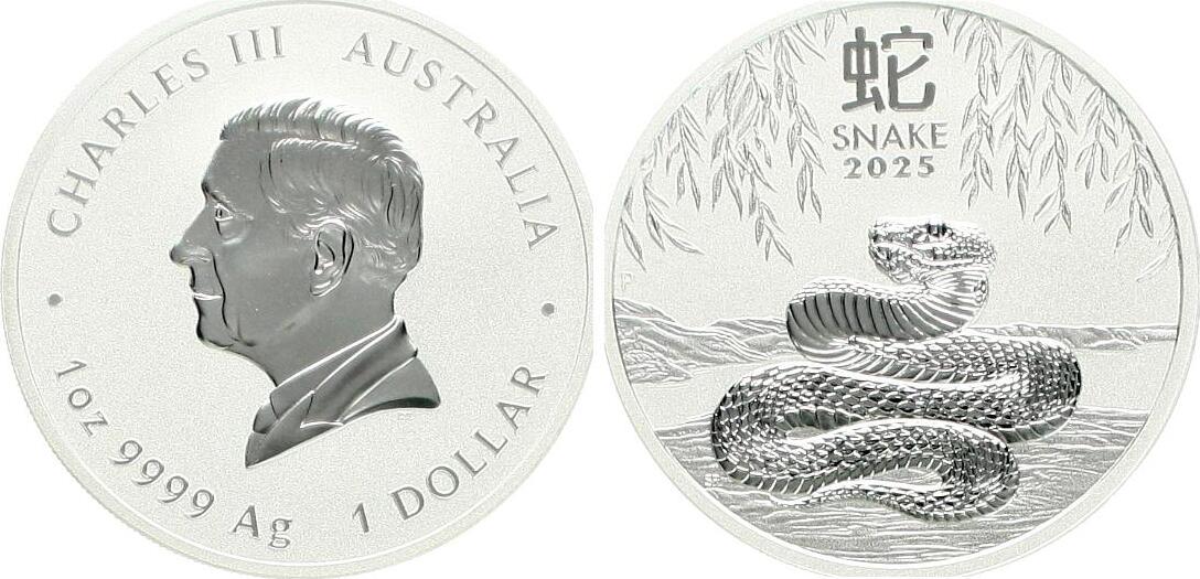  Australien, Charles III., 1 Dollar 2025, Jahr der Schlange, 1 Unze reines Silber, pp mattiert   
