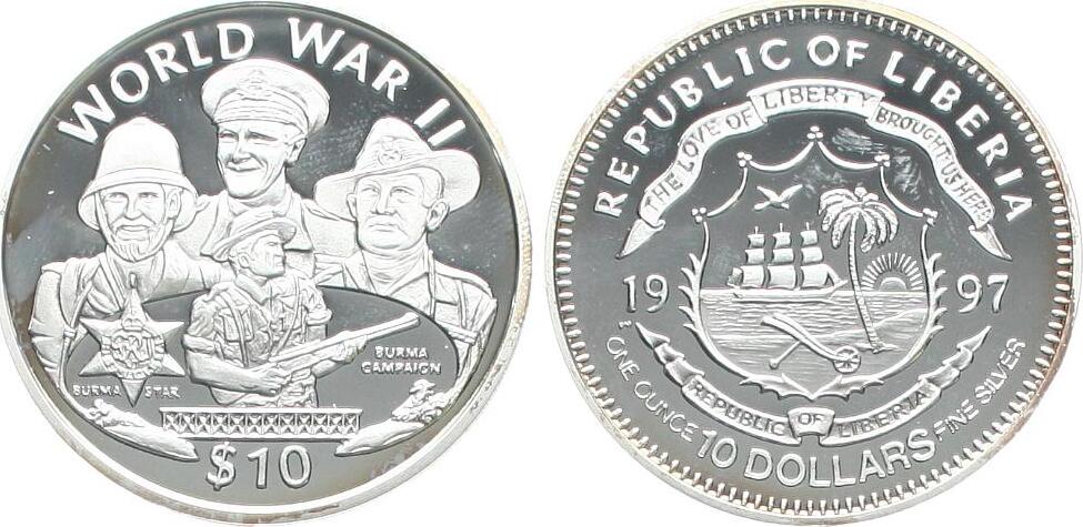  Liberia: 10 Dollar 1997, Silber, 1 Unze Feinsilber, näheres unten!   