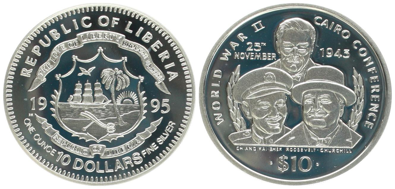 Liberia: 10 Dollar 1995, 1 Unze Feinsilber, näheres unten   