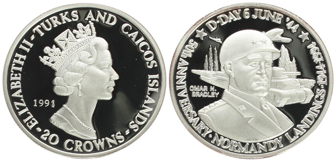  Turks & Caicos, Elisabeth II., 20 Crowns 1991, 1 Unze Feinsilber   