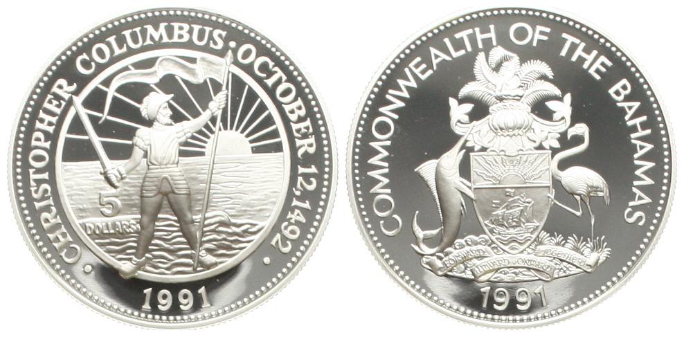  Bahamas: 5 Dollar 1991 auf Christofer Columbus, Silber   