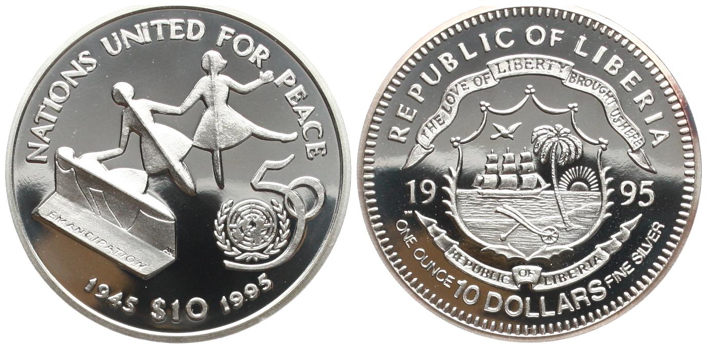  Liberia: 10 Dollar 1995 auf das 50 jährige Bestehen der UN pp, 1 Unze Feinsilber!   