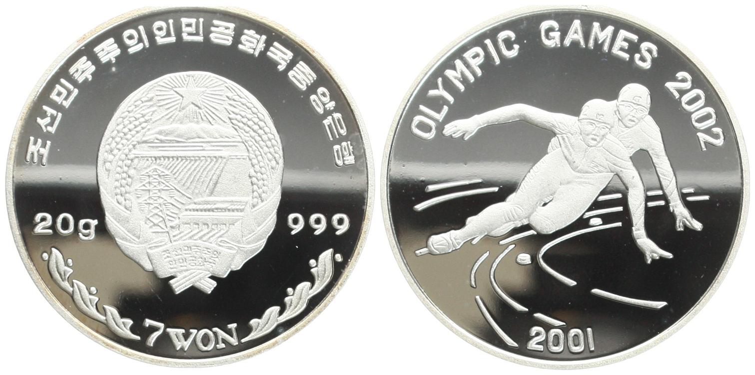  Nord Korea: 7 Won 2001, auf die Olympiade in Salt Lake City pp, Silber, selten!   