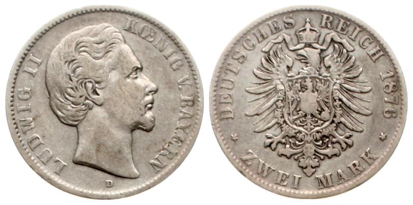  Bayern: Ludwig II., 2 Mark 1976 D, Silber, siehe Bilder!   