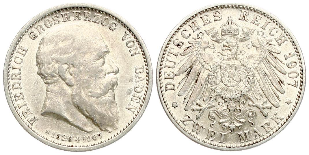  Kaiserreich, Baden: Friedrich, 2 Mark 1907, auf den Tod, TOP-Exemplar, schöne Patina!   