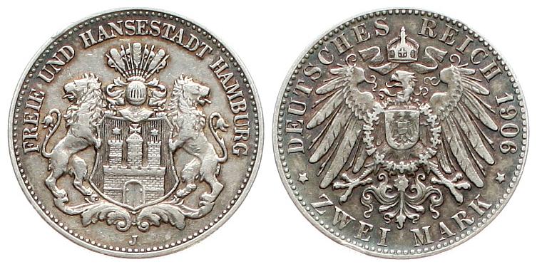  Hamburg: 2 Mark 1906, wunderschöne Silberpatina!   