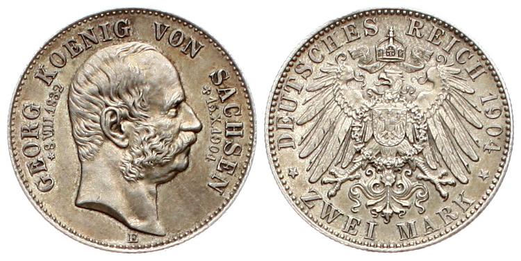  Sachsen: Georg, 2 Mark 1904 a.d. Tod, TOP-EXEMPLAR mit schöner Patina!   