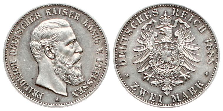  Preussen: Friedrich III., 2 Mark 1888, Top-Erhaltung, nmit schöner Patina!   
