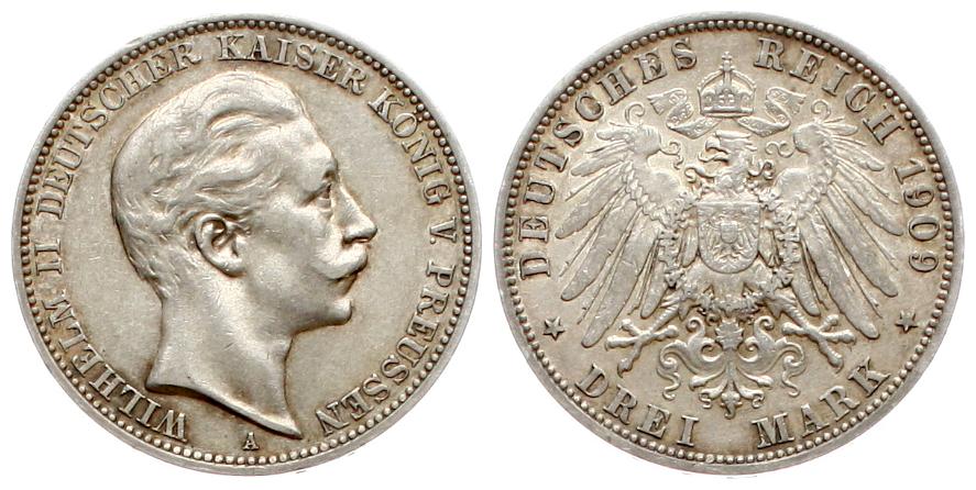 Preussen: Wilhelm II., 3 Mark 1909 A, schöne Patina!   