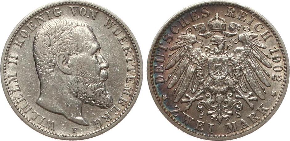  Württemberg: Wilhelm II., 2 Mark 1902 F, Silber   