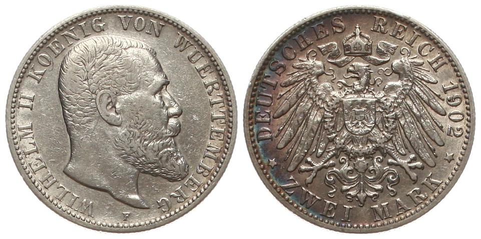  Württemberg, Wilhelm II., 2 Mark 1902 F, Silber   