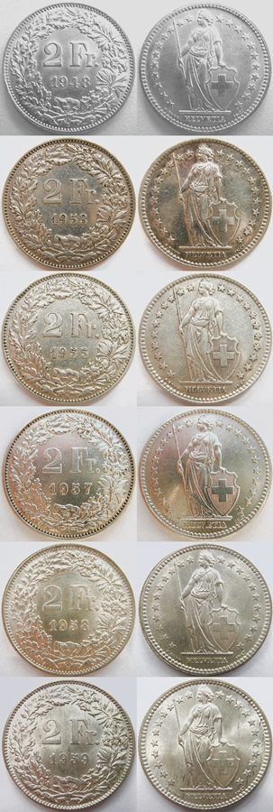  Schweiz 2 Franken 1948, 1953, 1955, 1957, 1958 , 1959 Ag .835, gesamt 60 g   