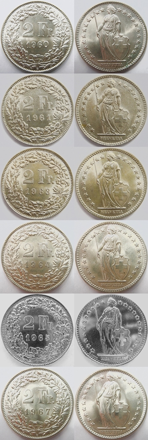  Schweiz 2 Franken 1960, 1961, 1963, 1964, 1965 , 1967 Ag .835, gesamt 60 g   