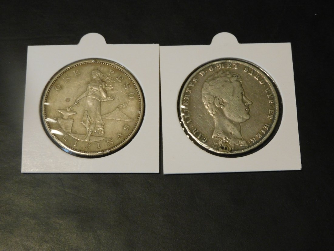 PHILIPPINES 1 PESO 1903-ITALY 5 LIRE SARDINIA.GRADE-PLEASE SEE PHOTOS.