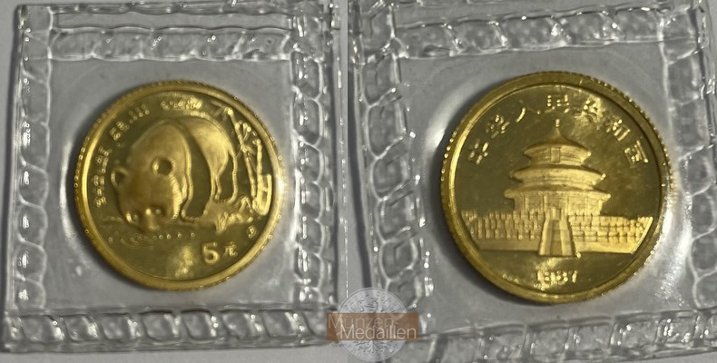 China MM-Frankfurt Feingewicht 1,56g Gold 5 Yuan (Panda) 1987 