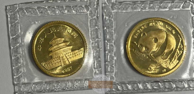 China MM-Frankfurt Feingewicht 1,56g Gold 5 Yuan (Panda) 1987 