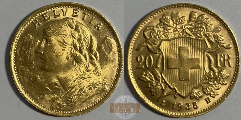 Schweiz  20SFR MM-Frankfurt   Feingold: 5,81g Vreneli 1935 LB 