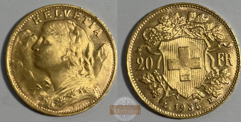 Schweiz  20SFR MM-Frankfurt   Feingold: 5,81g Vreneli 1935 LB 