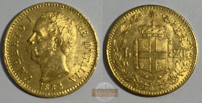 Italien, Umberto I MM-Frankfurt KM#21 Feingold: 5,81g 20 Lire (1879-1897) 1882 R 