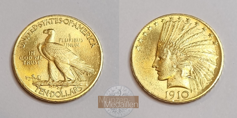 USA  10 Dollar MM-Frankfurt Feingold: 15,05g Eagle Indian Head 1910 