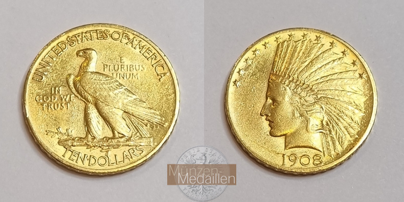 USA  10 Dollar MM-Frankfurt Feingold: 15,05g Eagle Indian Head 1908 