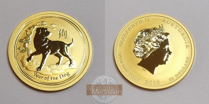 Australien 50 Dollar MM-Frankfurt Feingold: 15,55 g Jahr des Hundes 2018 