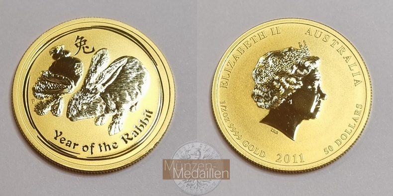Australien 50 Dollar MM-Frankfurt Feingold: 15,55 g Jahr des Hasen 2011 