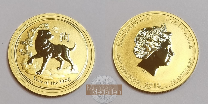 Australien 50 Dollar MM-Frankfurt Feingold: 15,55 g Jahr des Hundes 2018 