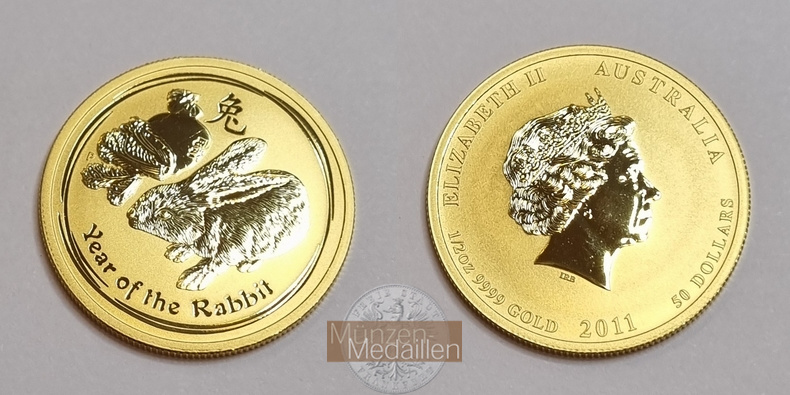 Australien 50 Dollar MM-Frankfurt Feingold: 15,55 g Jahr des Hasen 2011 