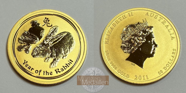 Australien 50 Dollar MM-Frankfurt Feingold: 15,55 g Jahr des Hasen 2011 