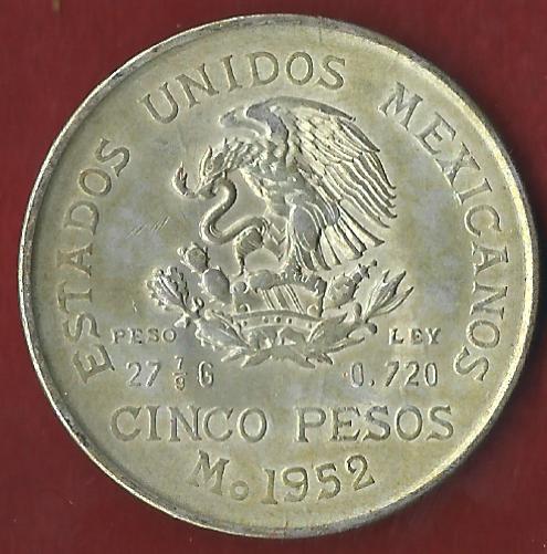  Mexico Cinco Pes. 1952 Münzankauf Koblenz Frank Maurer AK283   