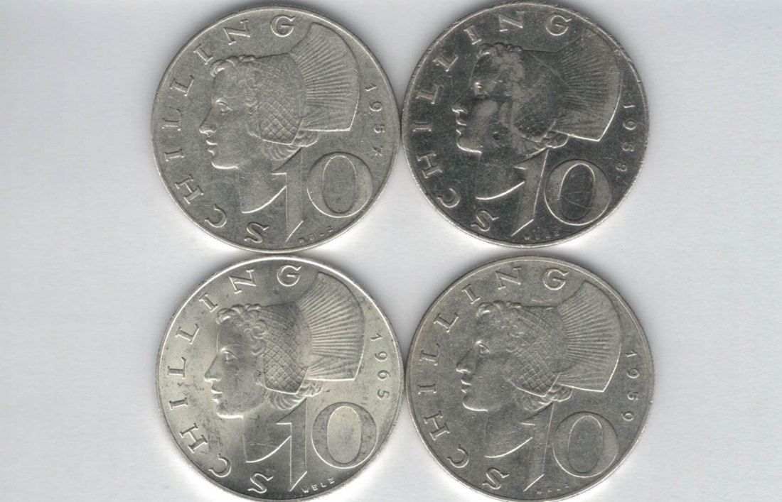  10 Schilling 1957 1958 1959 1965 Ag silber á 4,8g fein Österreich 2. Republik Spittalgold9800 (4785)   